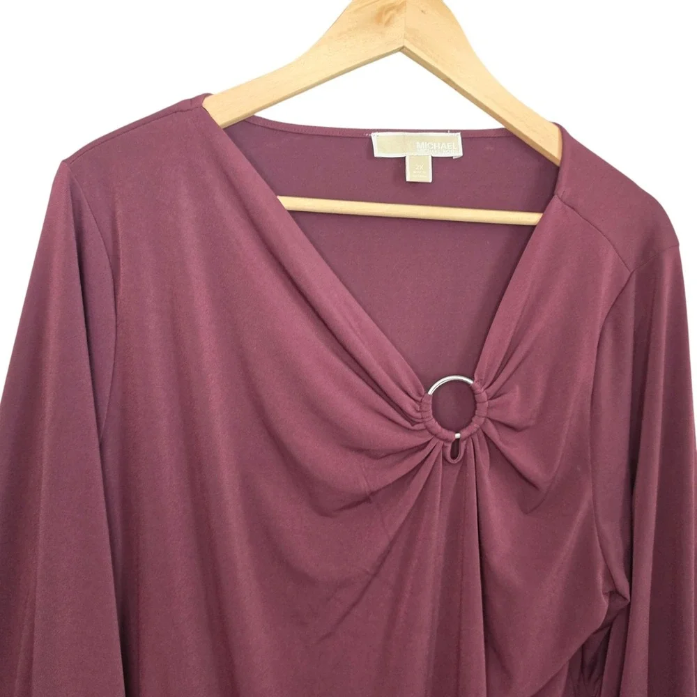 Michael Kors Top Womens 2X Burgundy Wine O Ring Draped V Neck Long Sleeve Blouse